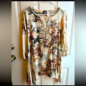 Cal Style women’s boho floral 3/4 length sleeve tunic shirt top blouse Sz Large